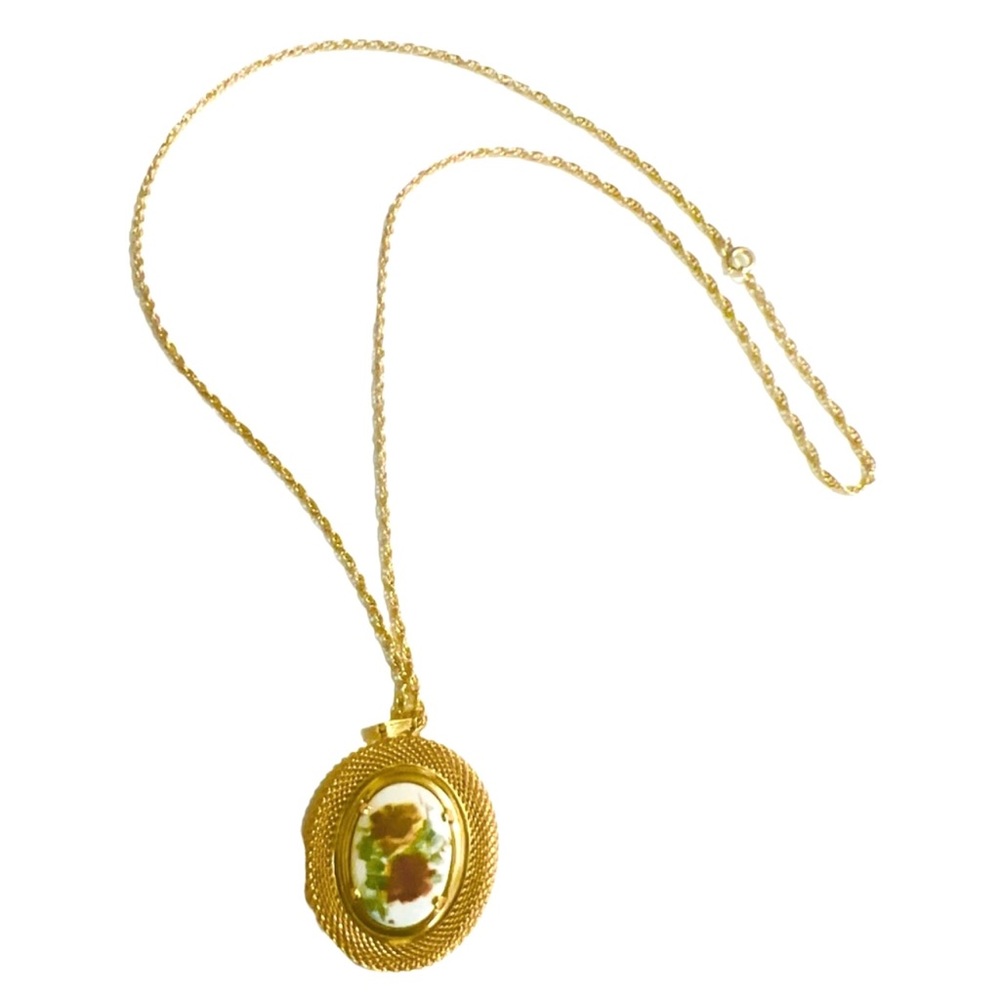 Vintage Floral Cameo Style Pendant Necklace, Gold Chain